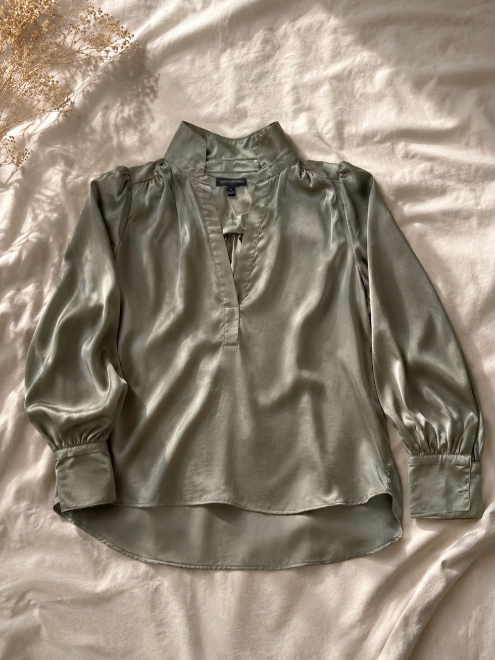 Banana Republic Satin Olive Green V-Neck Blouse